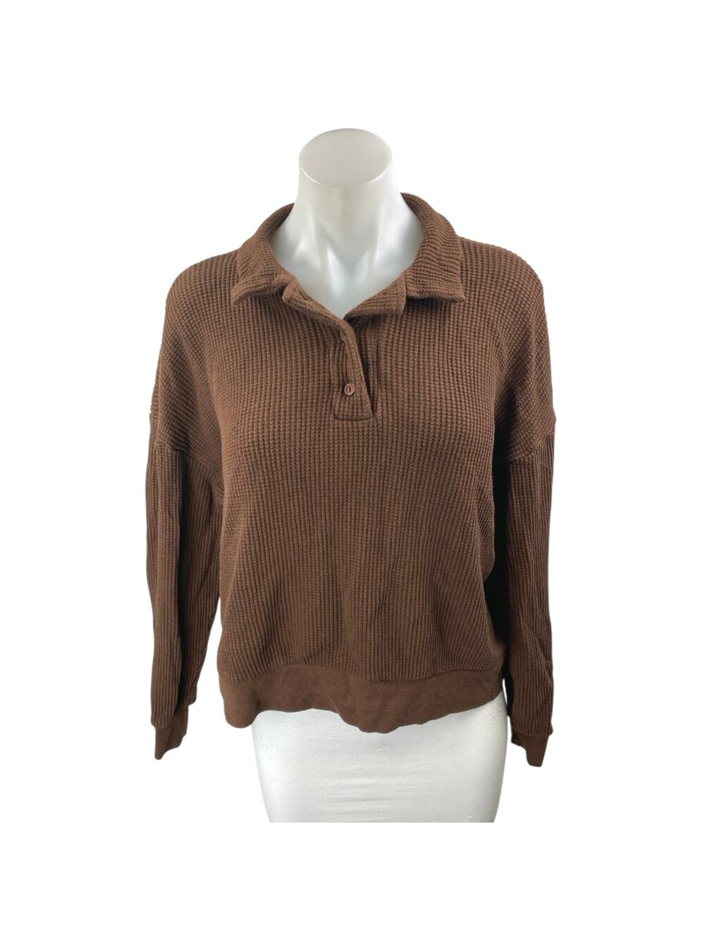 Set Active Women's Brown Long Sleeve Waffle Knit Thermal Polo Sweater Top Size L
